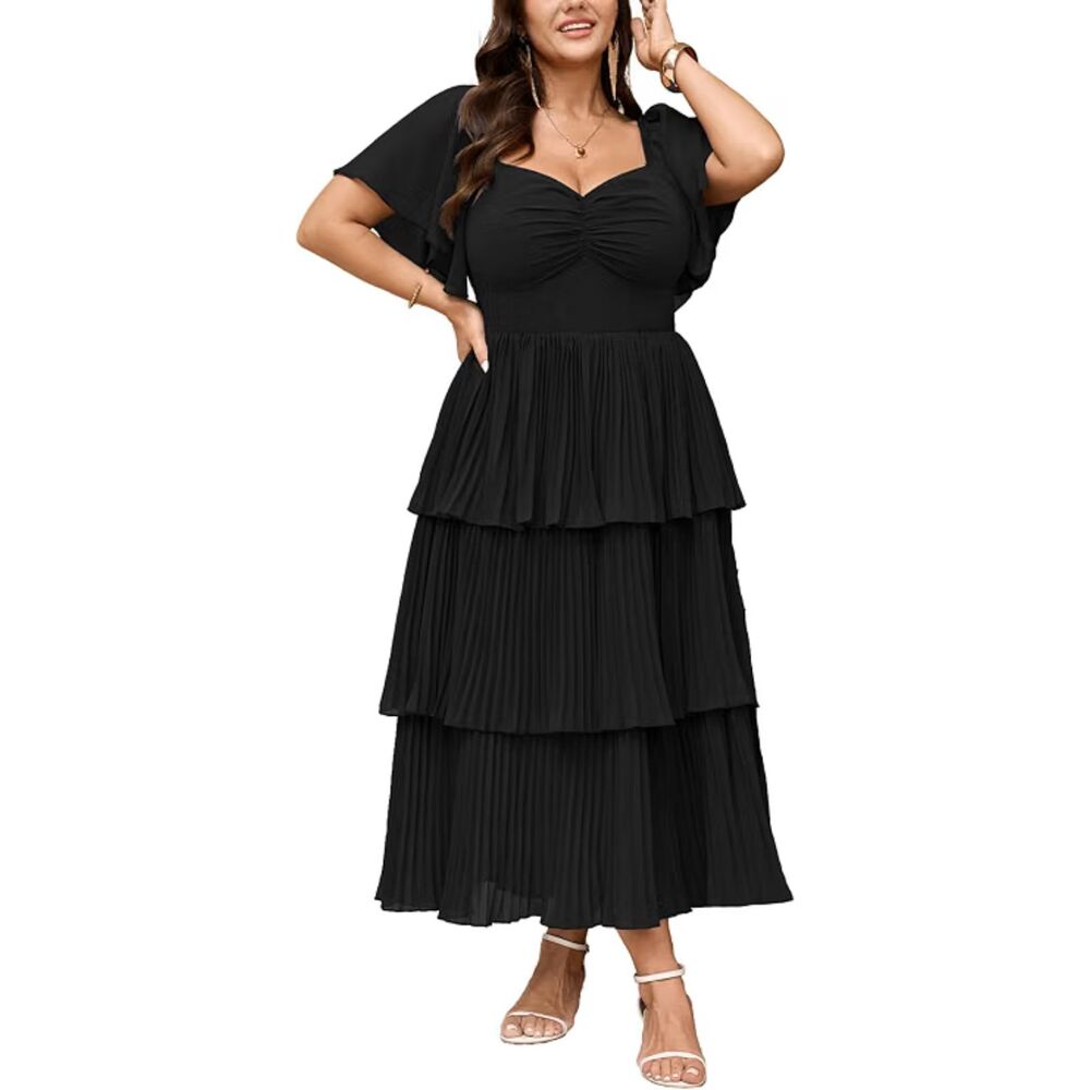 Plus Size Black Chiffon Wedding Guest Dress | Formal Tiered Maxi Evening Gown